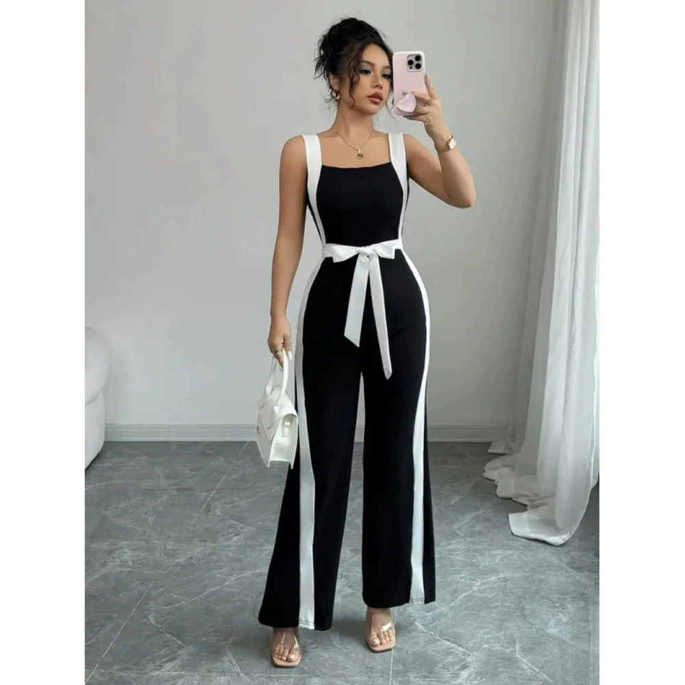 ZARA Womens Summer Black and White Colorblock Spaghetti Strap Jumpsuit